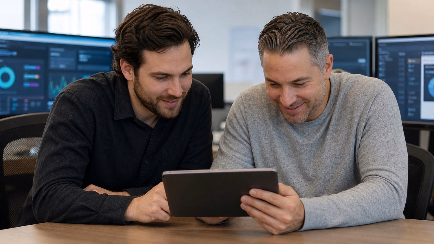 Two men review tablet data at small table