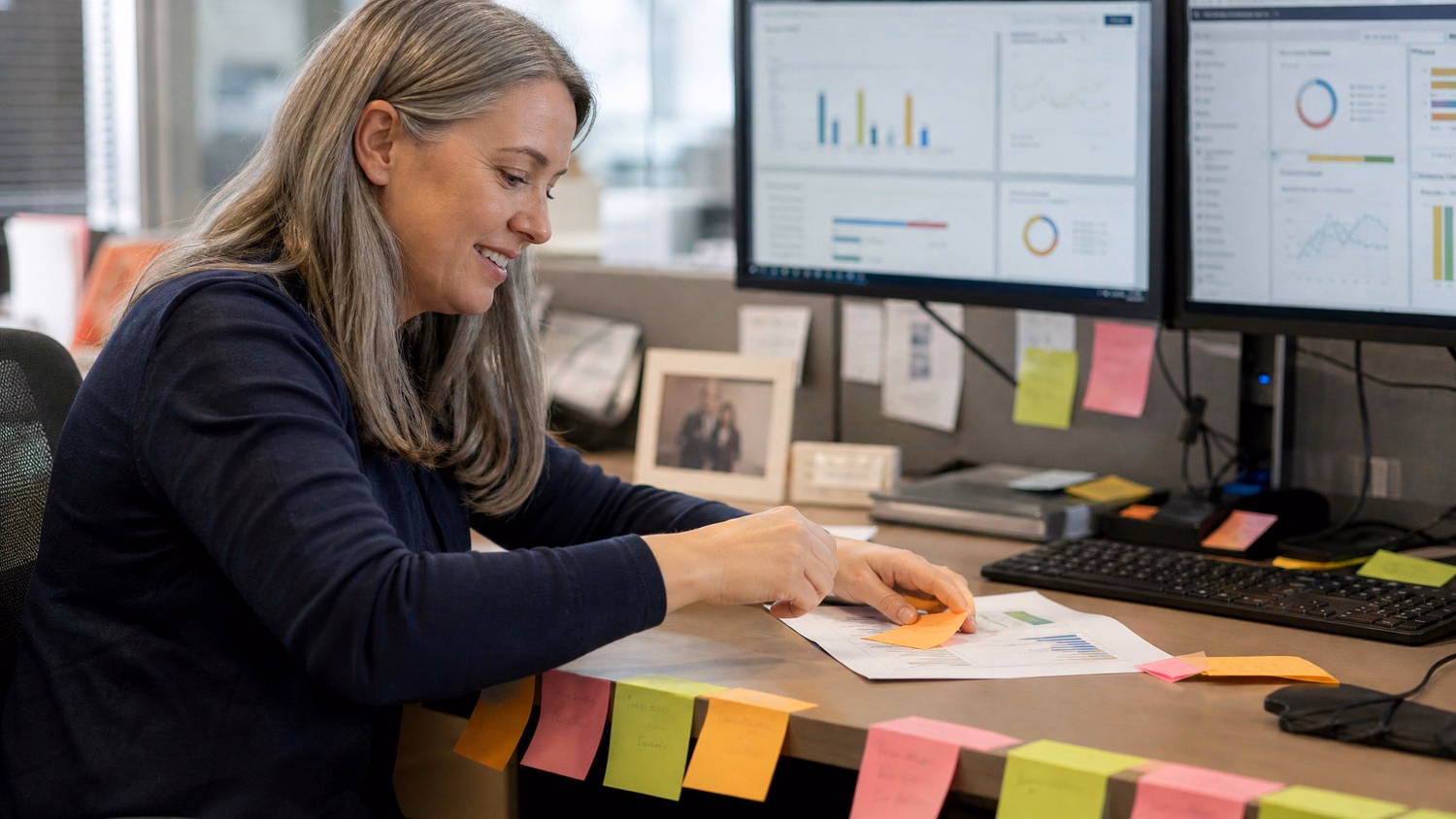 Woman with sticky notes organizing printed documents 57 chars