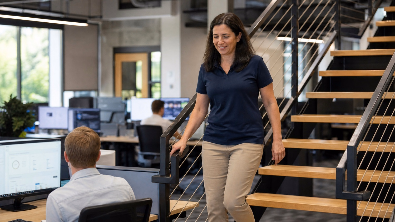 Woman in navy polo descends office stairwell, hand on railing