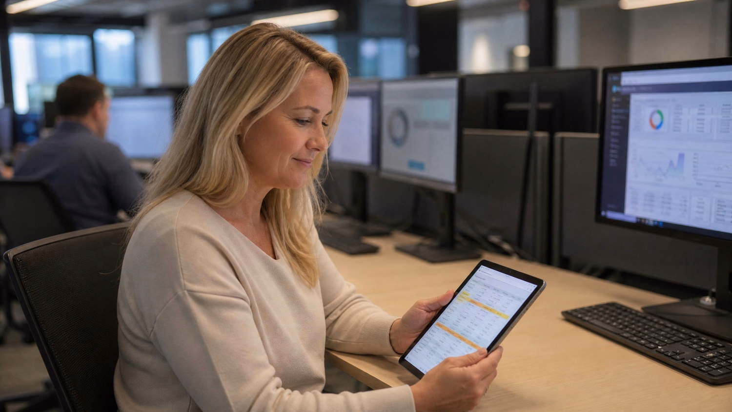 Woman reviews data validation checks on tablet screen 64 chars