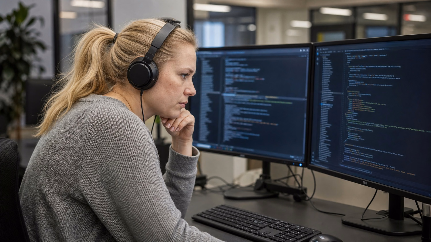 IT technician with headphones reviews code on dual monitors 66