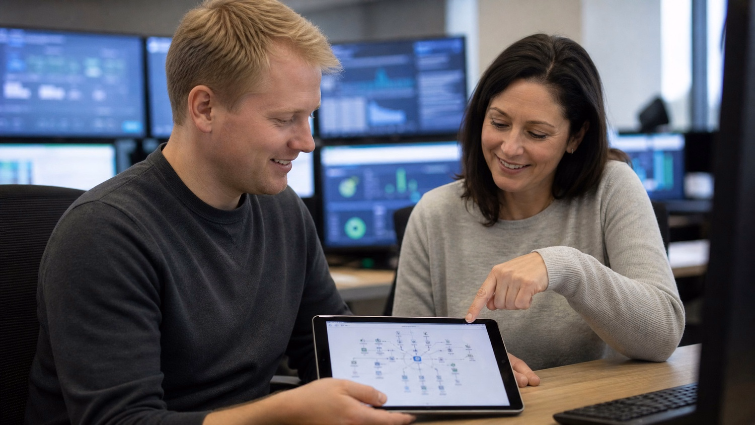 Team reviews tablet data at shared workspace table