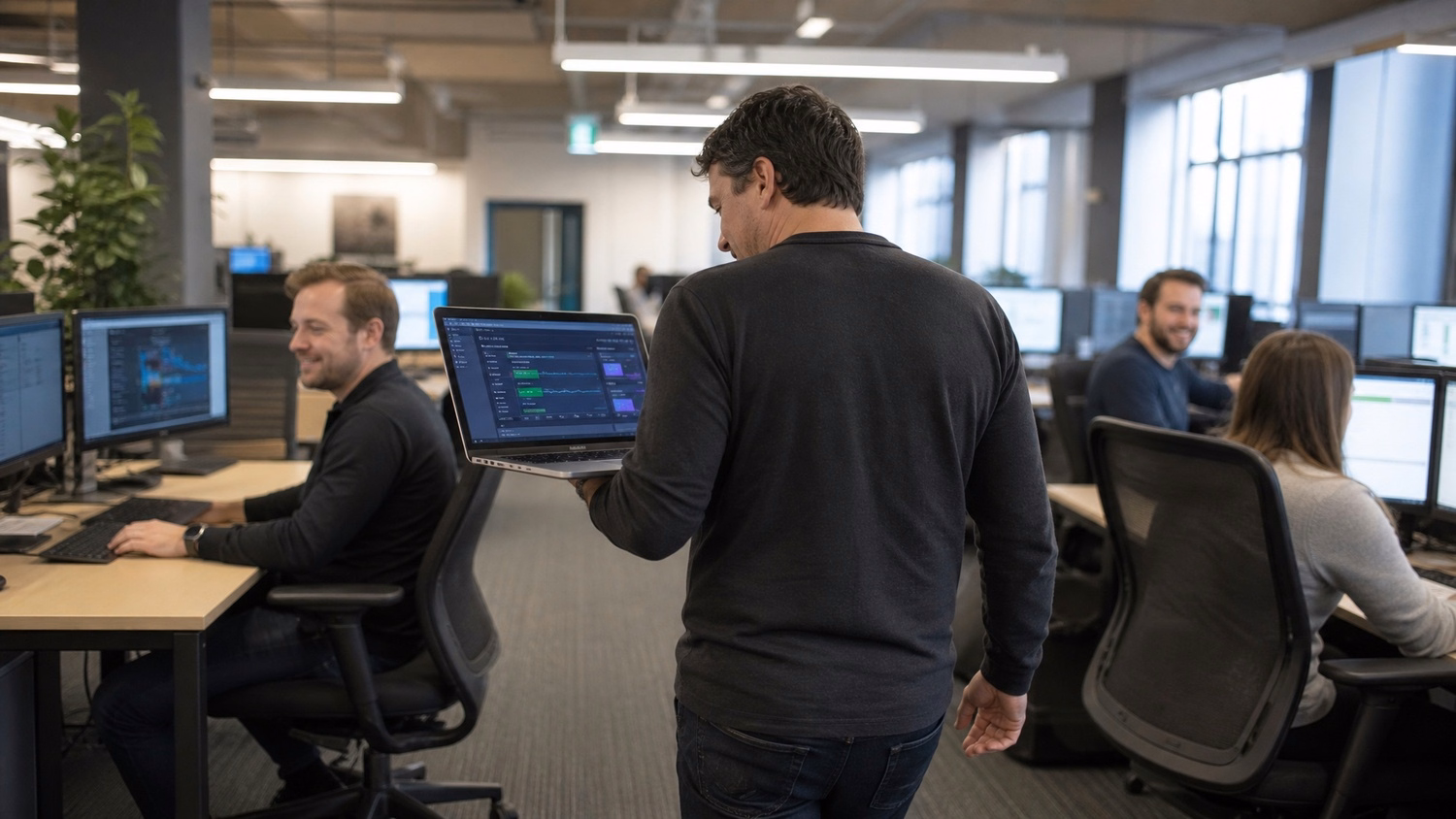 Man walks through office carrying open laptop