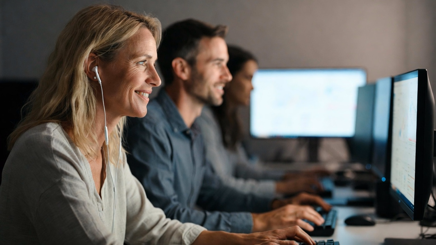 Woman with earbuds maps data on computer at desk 56