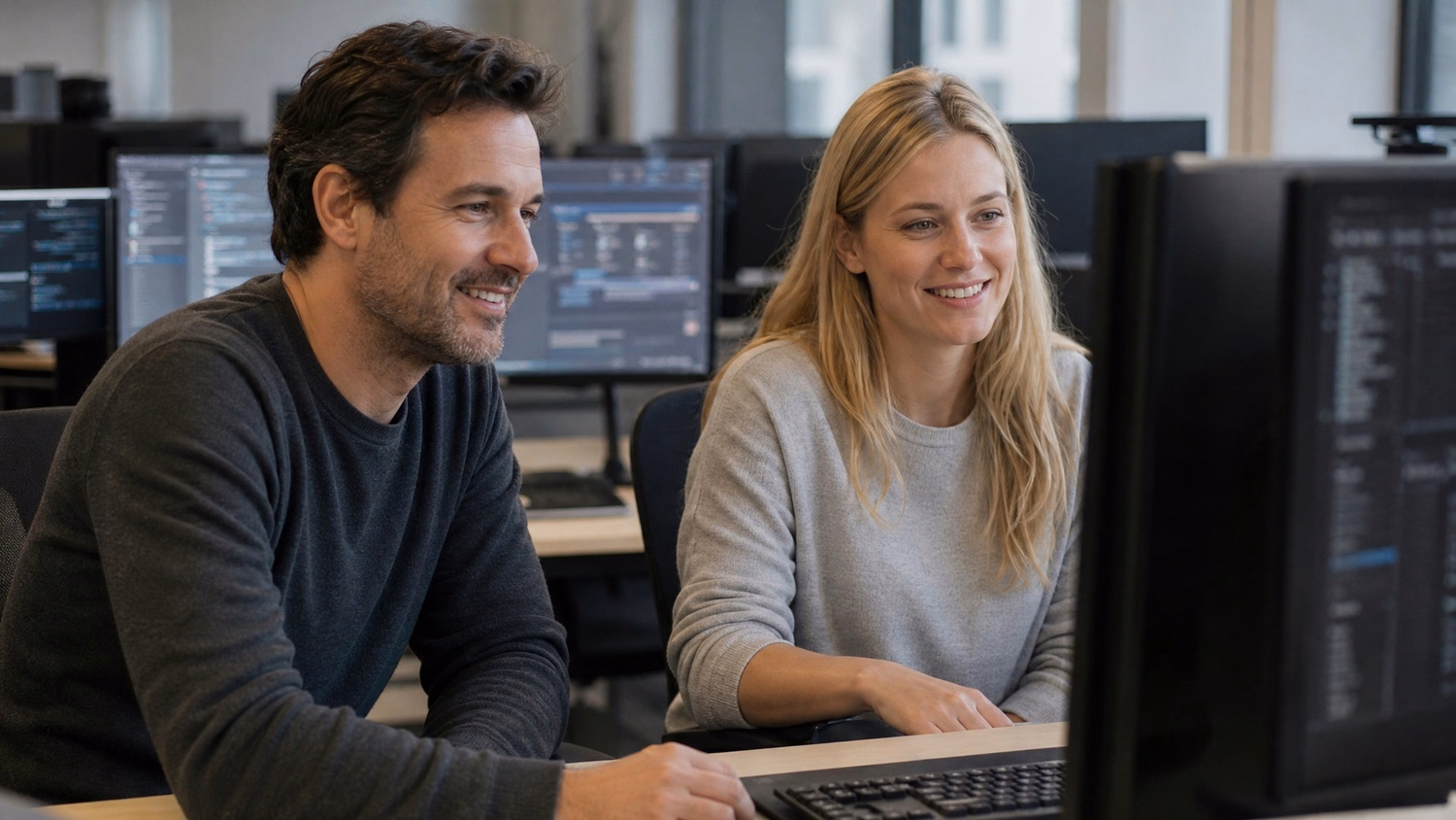 Developers reviewing API code integration on monitor 61 chars