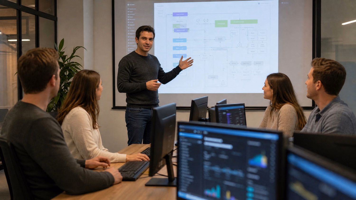 Man presenting workflow diagram to colleagues in semicircle 71
