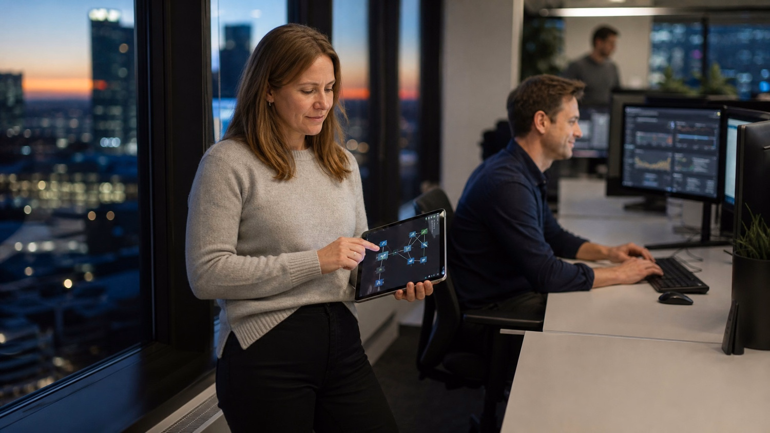 Woman reviews tablet at dusk overlooking city skyline