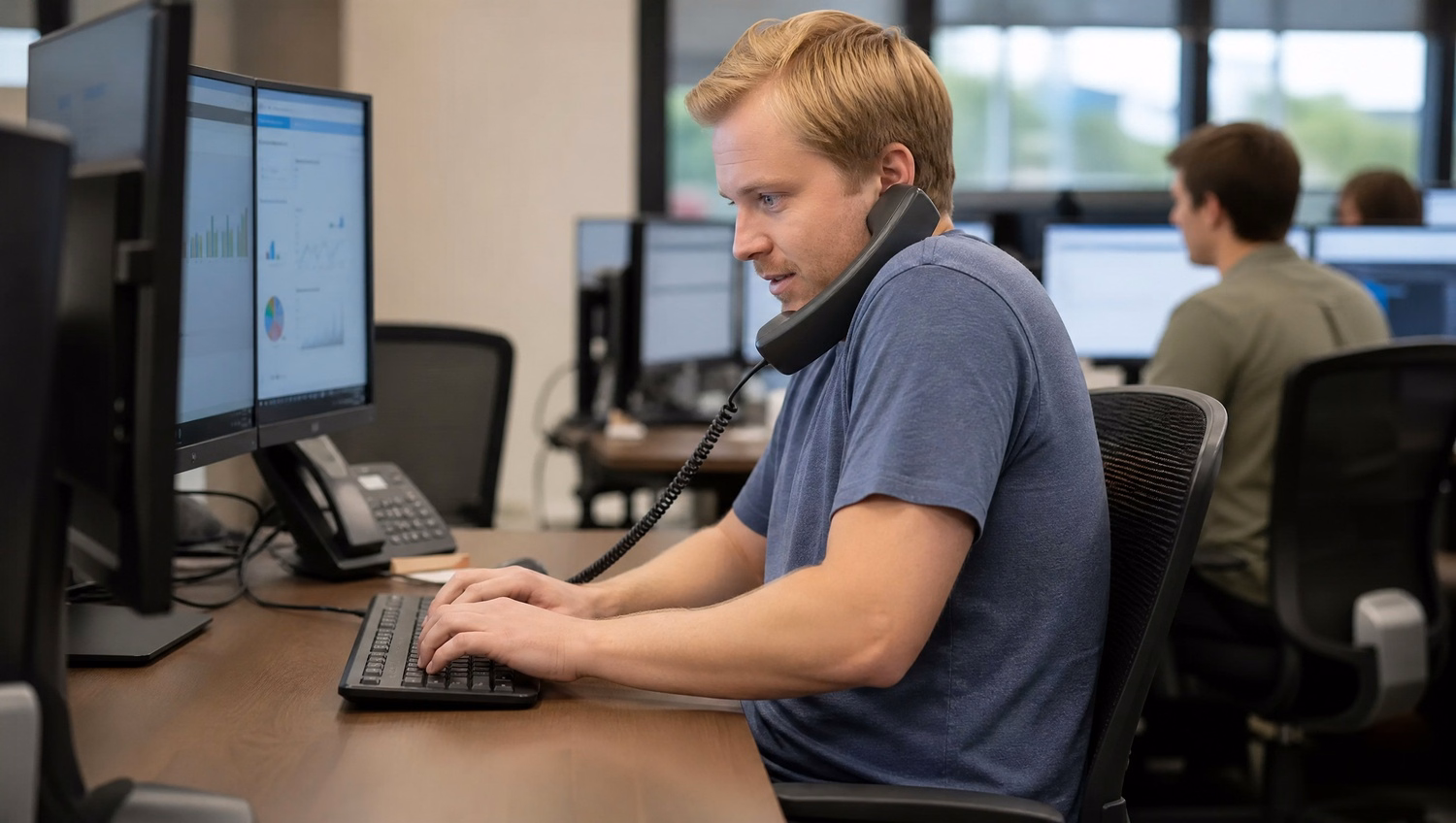 Man types on keyboard, phone on shoulder, focused