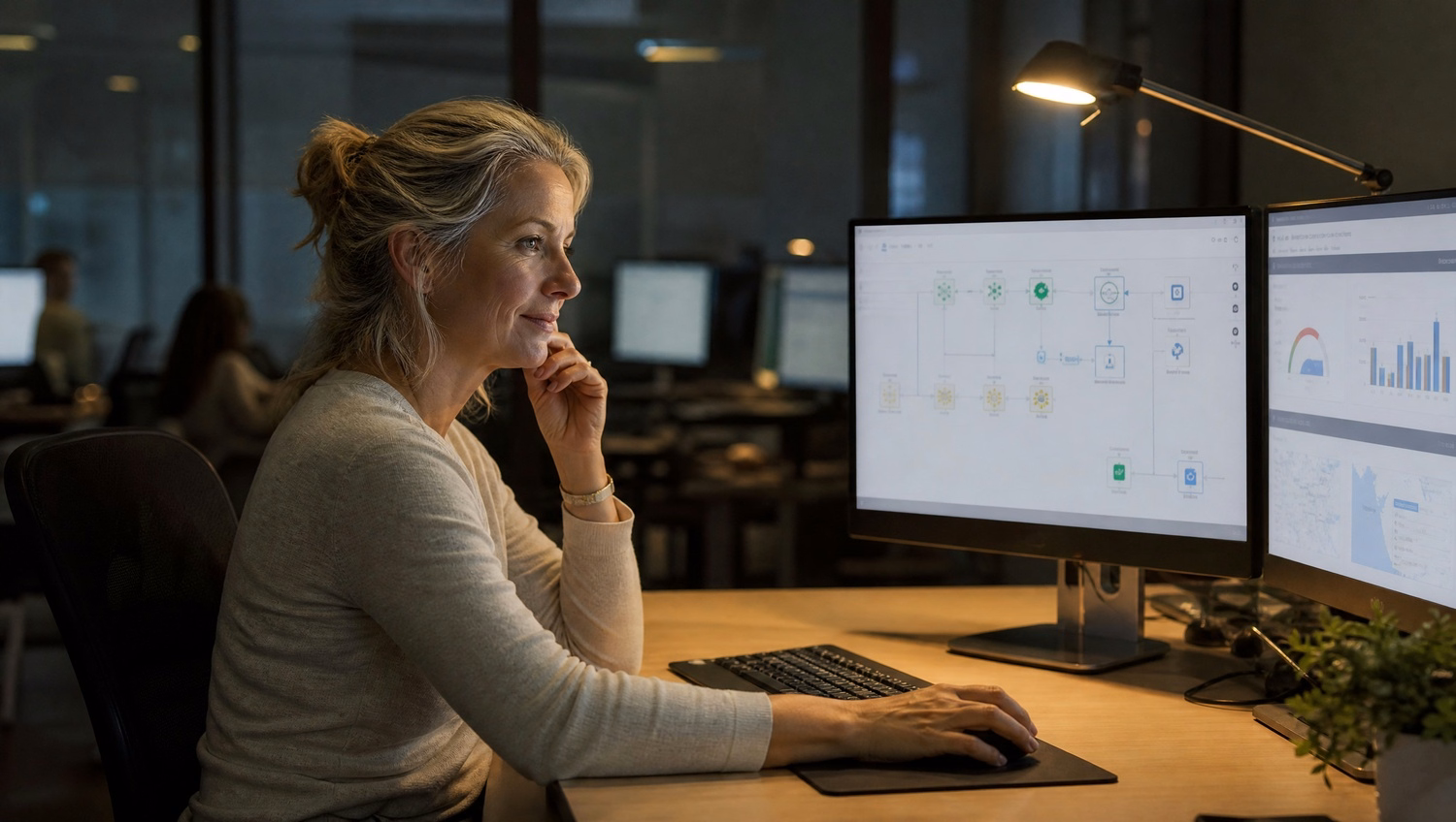 Woman reviews flow chart at desk lamp