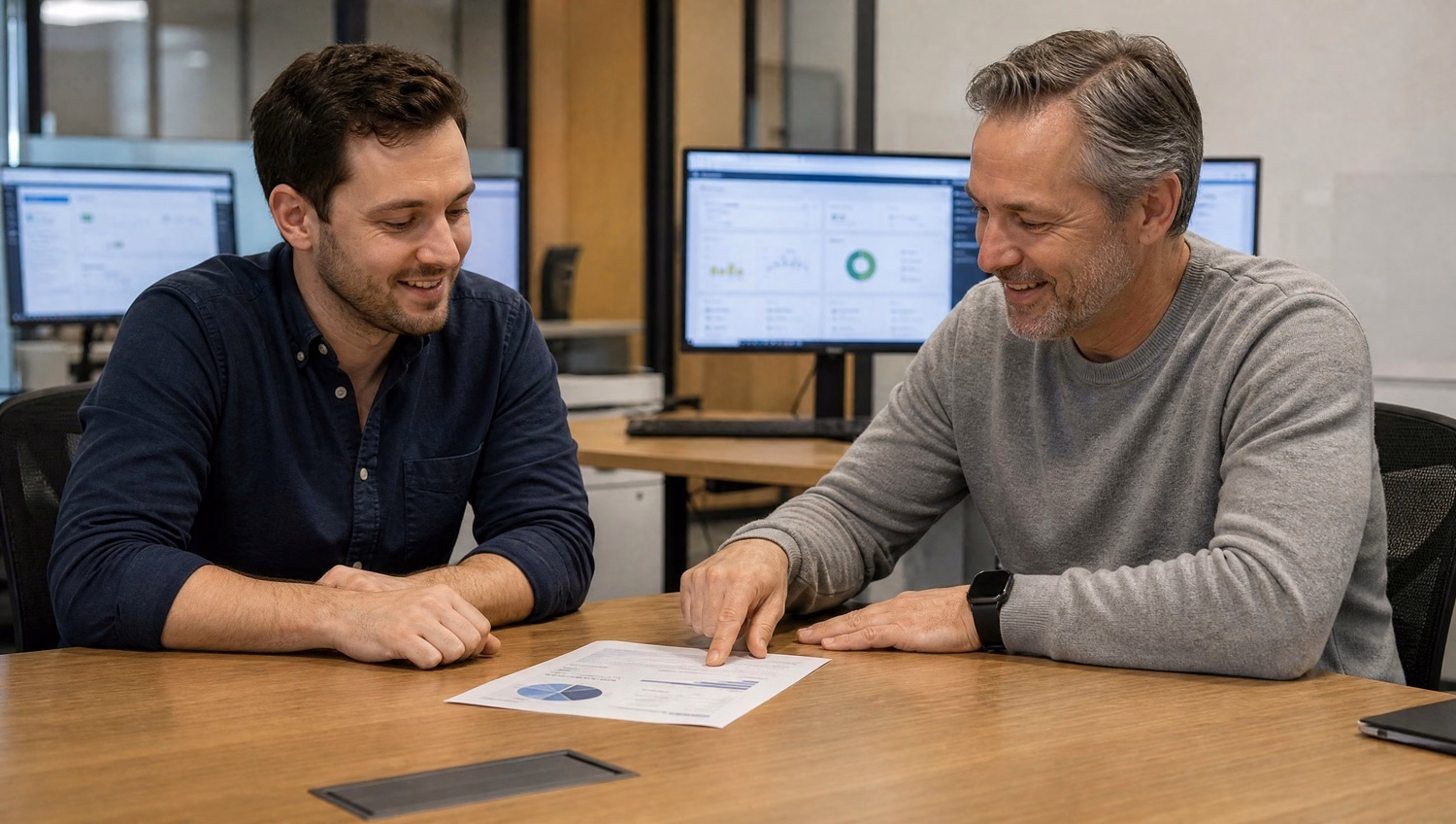Men discuss cloud storage report at meeting table