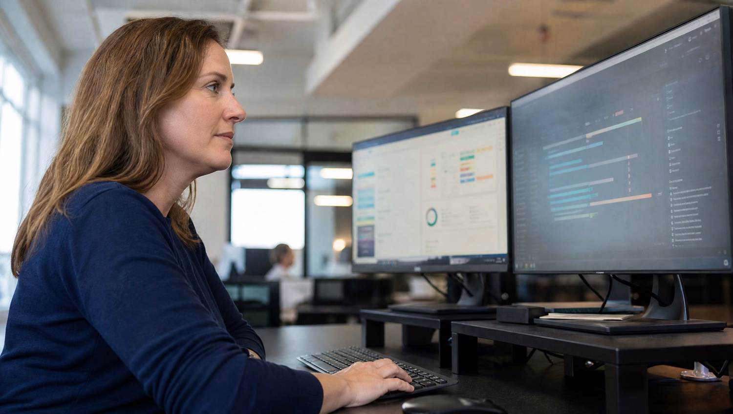 Woman at desk reviewing project management dashboard 58