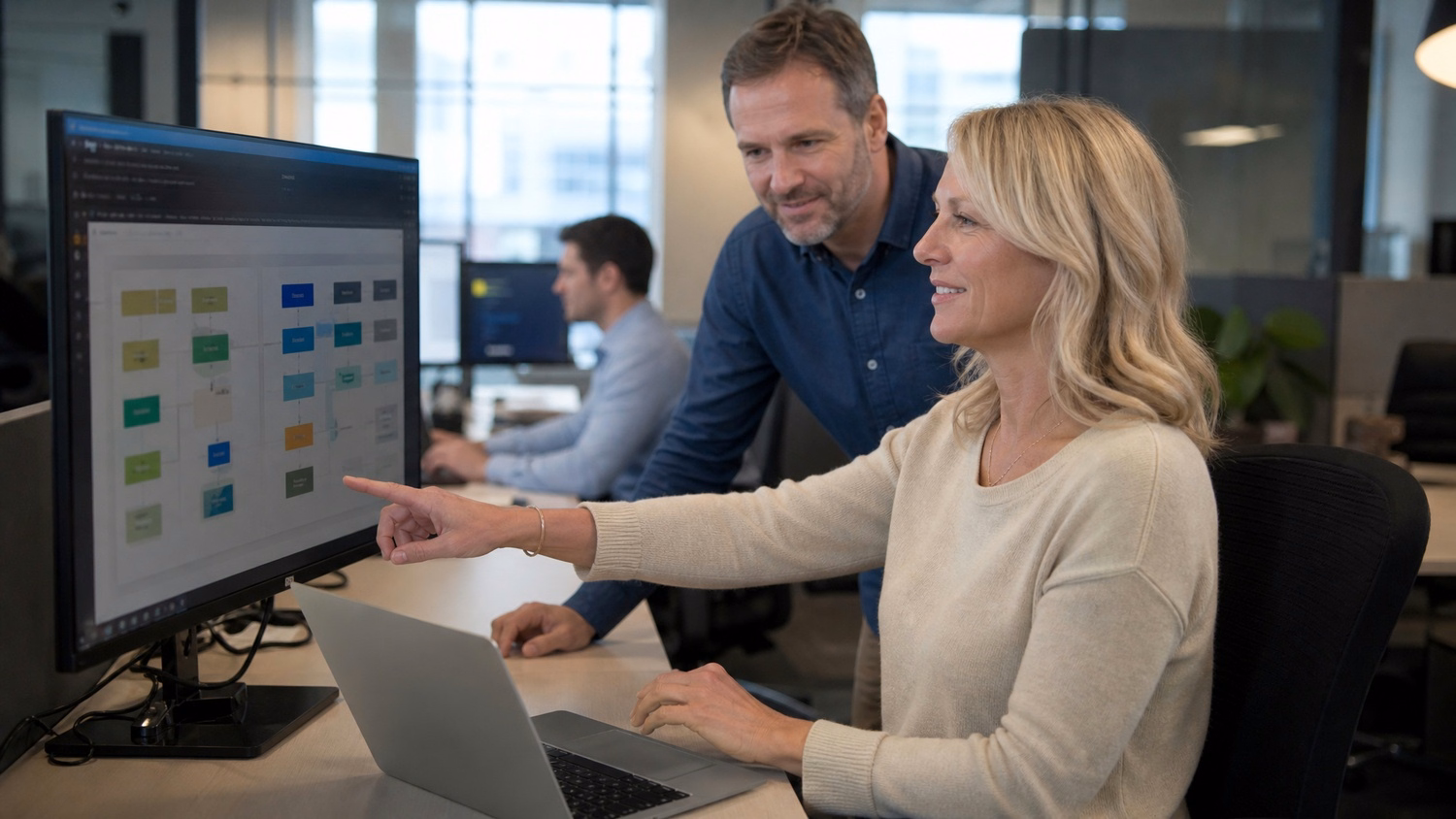 Woman organizing digital workflow diagrams on large monitor