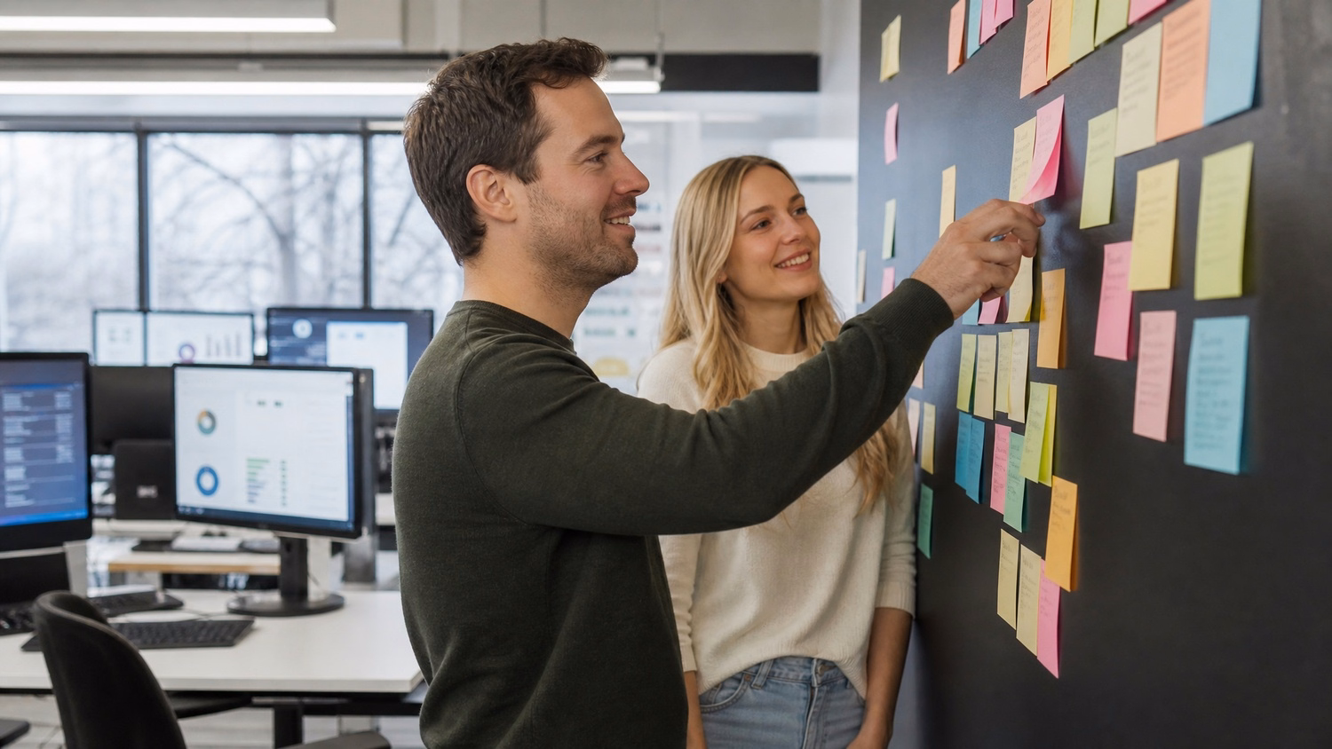 Team organizing sticky notes on a transformation wall