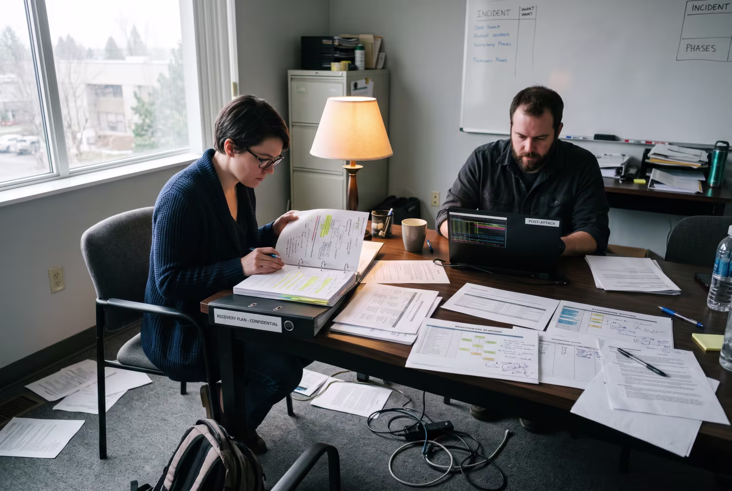 Two IT professionals discussing ransomware data recovery documents