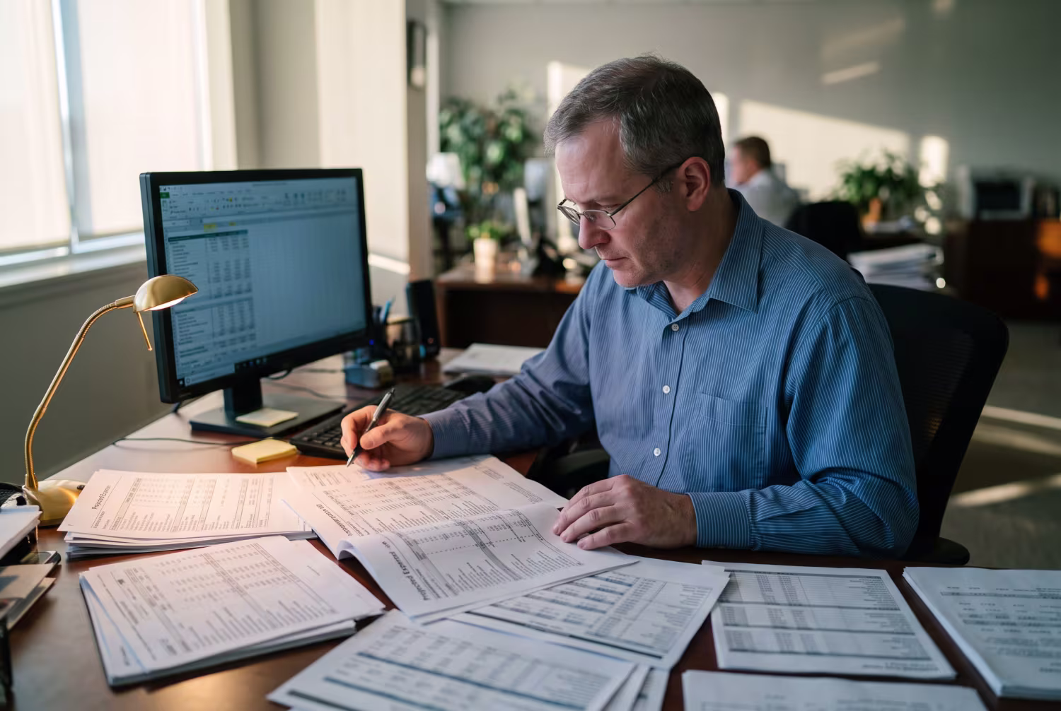Middle-aged analyst studying financial documents for IT cost reduction strategies