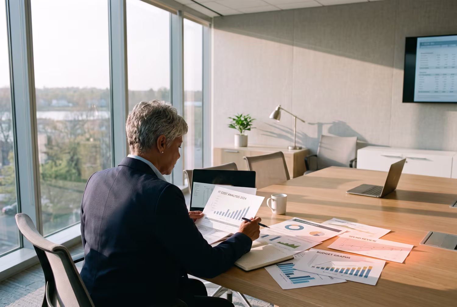 Senior IT manager studying graphs for IT cost reduction strategies