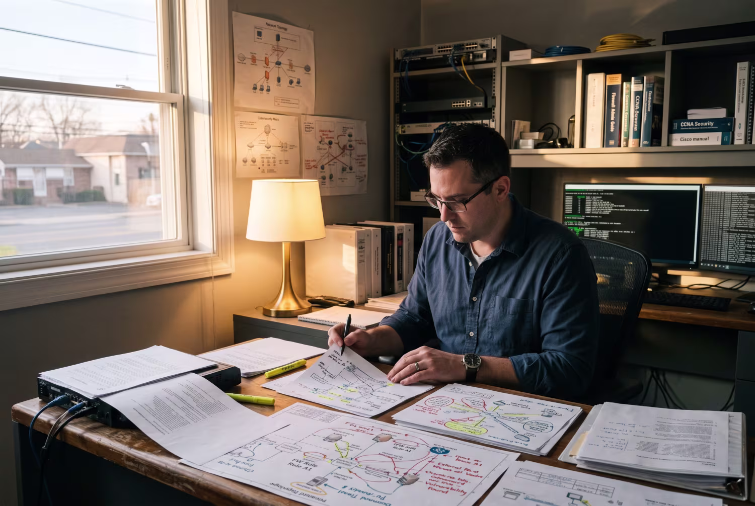 IT administrator studying documents at desk, firewall management manuals nearby