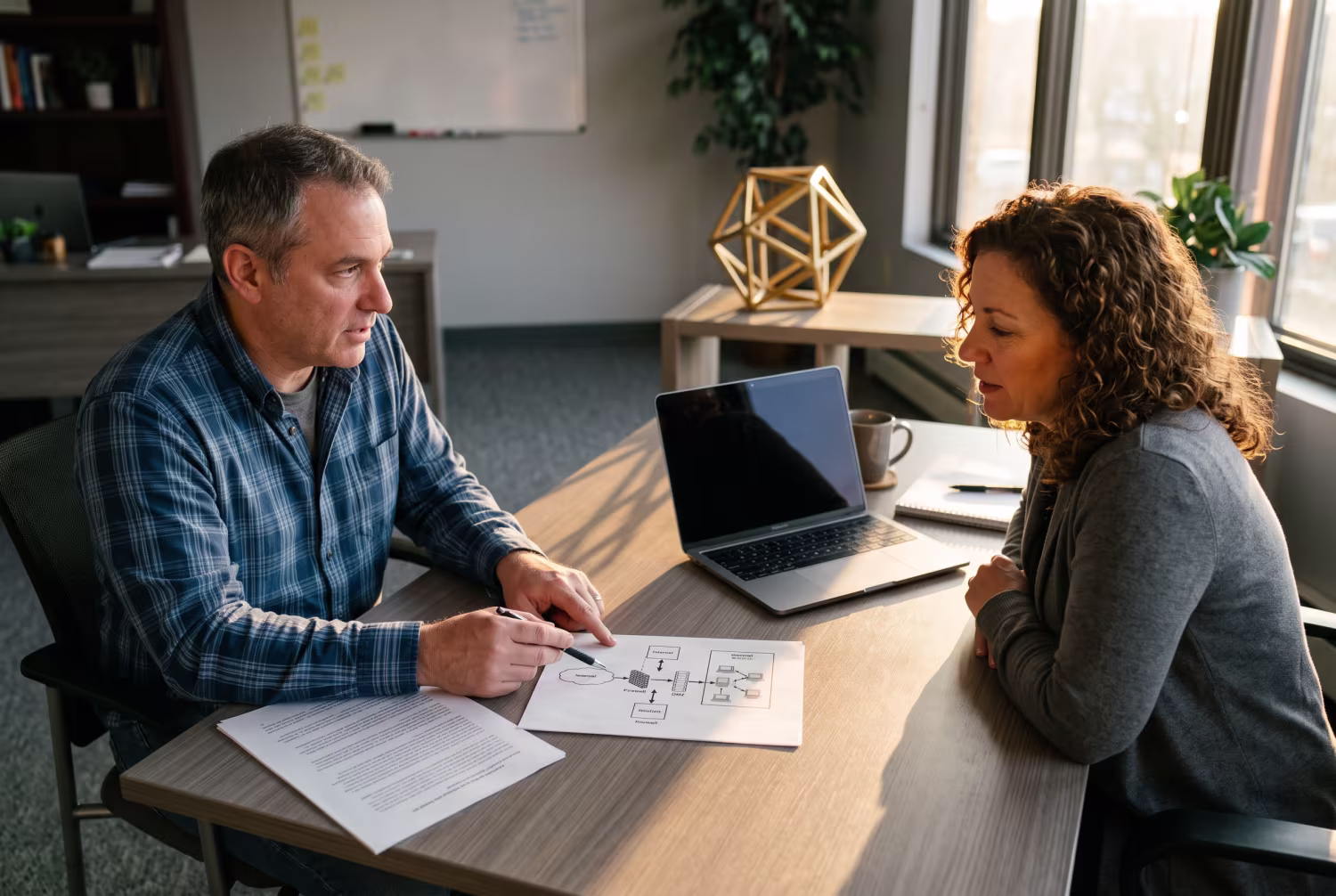 IT consultant discussing managed firewall services with business owner
