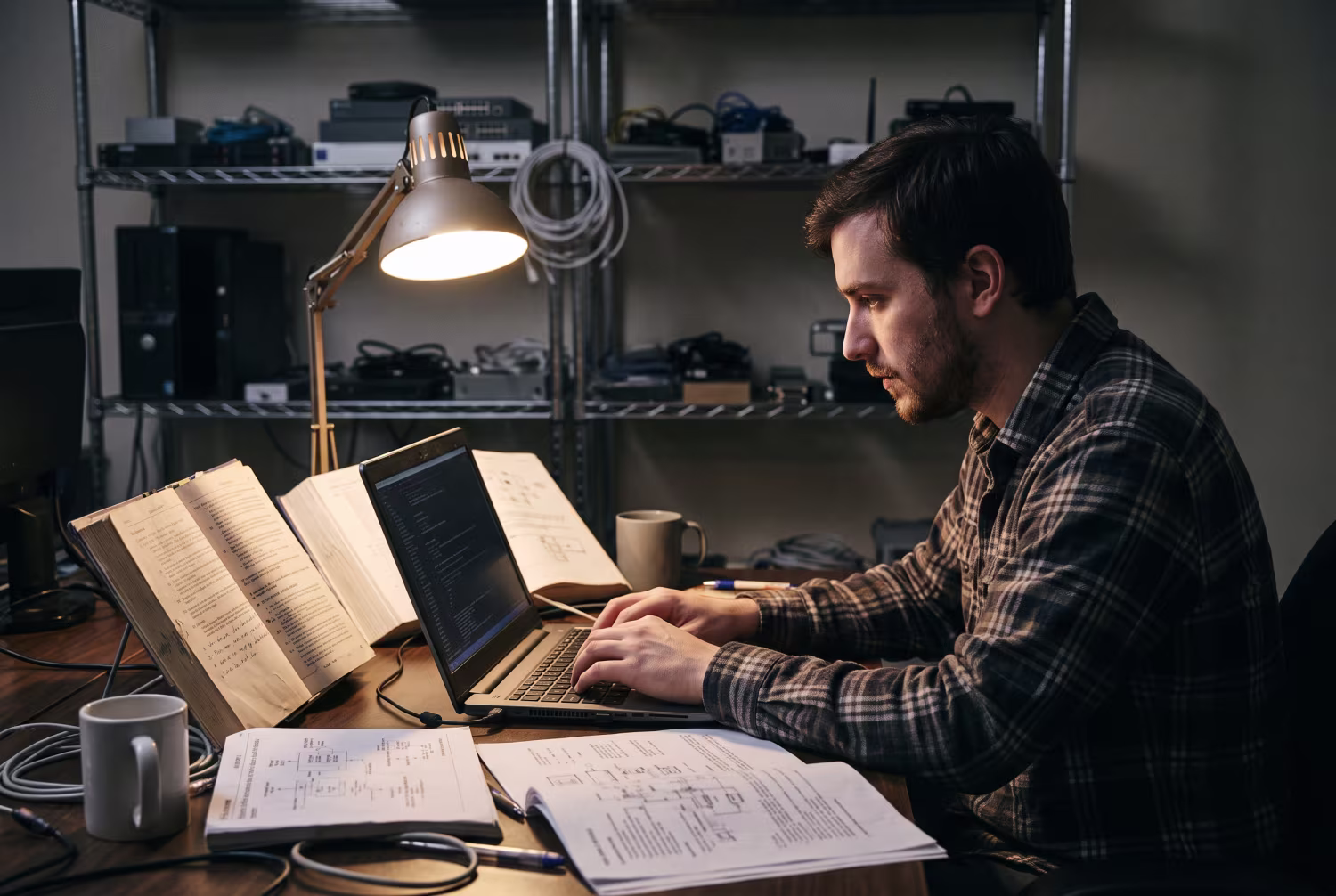 IT specialist working at desk with technical manuals and laptop