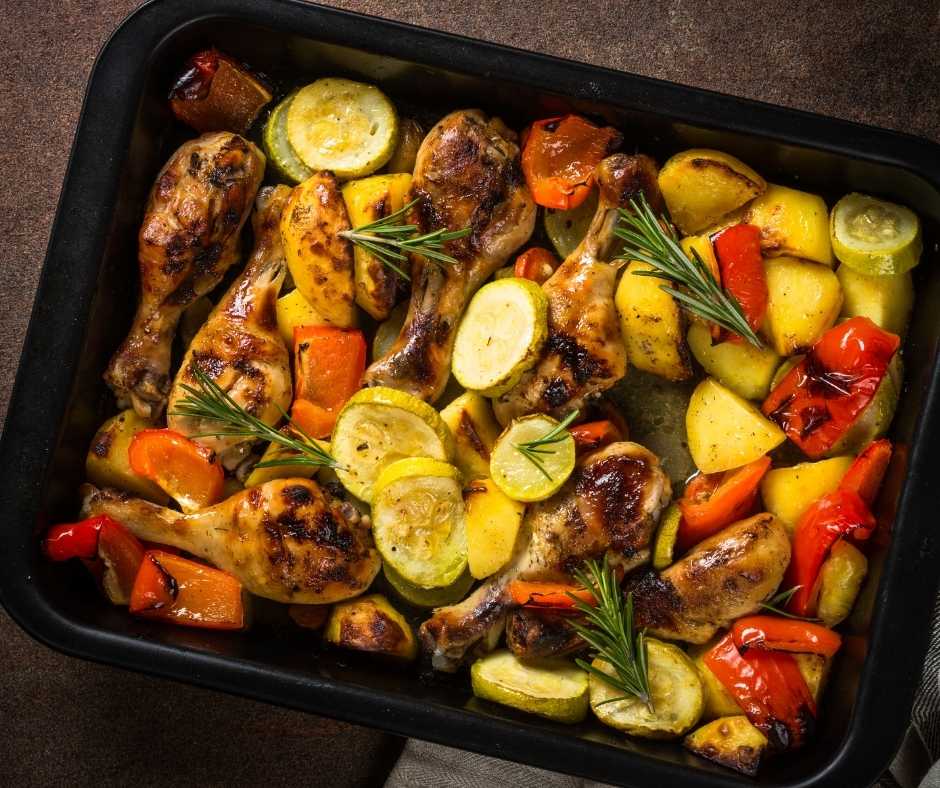 Healthy chicken & vegetable bake recipe prepared as part of the SheMed UK nutrition plan.