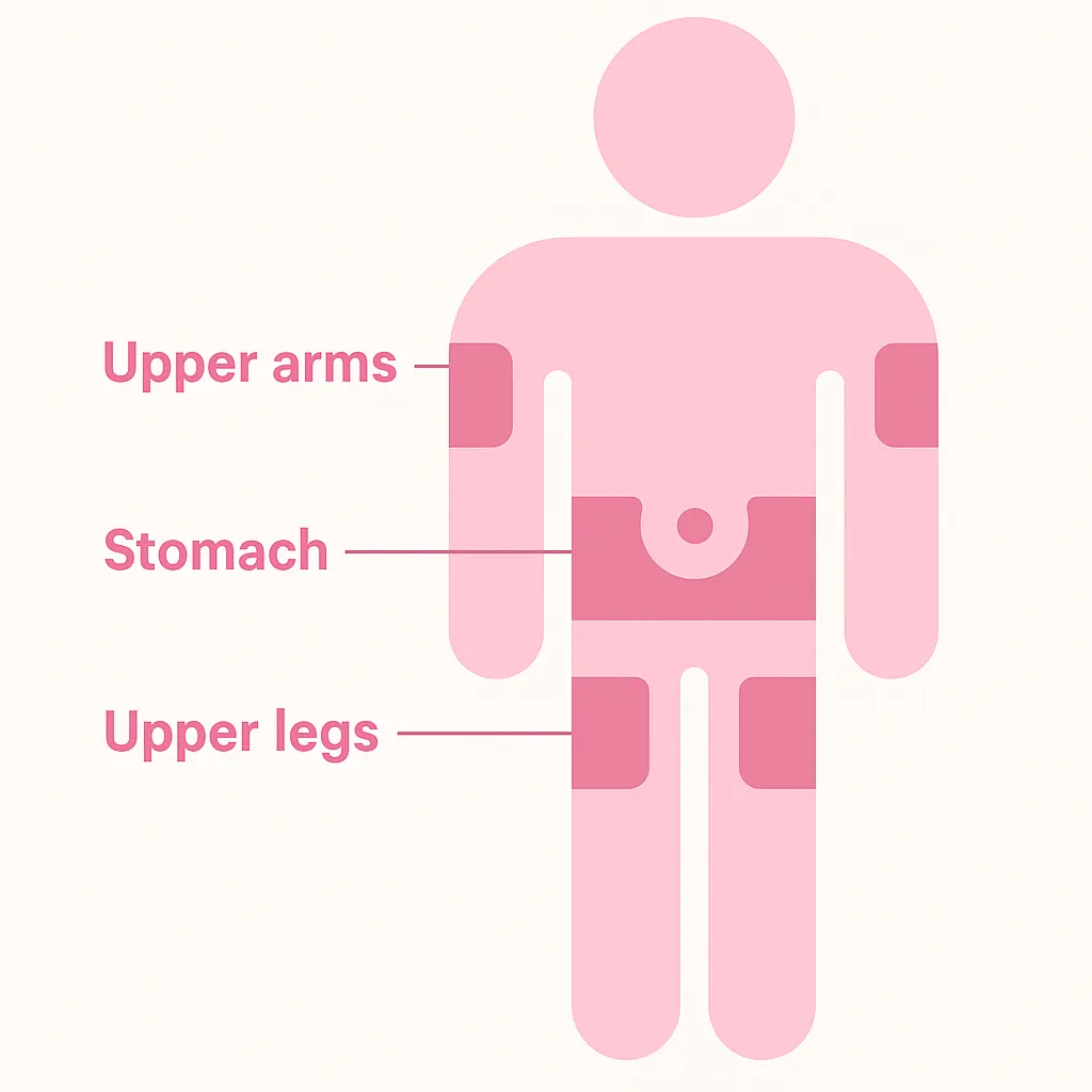 Illustration showing body parts including upper arms, stomach and upper legs.