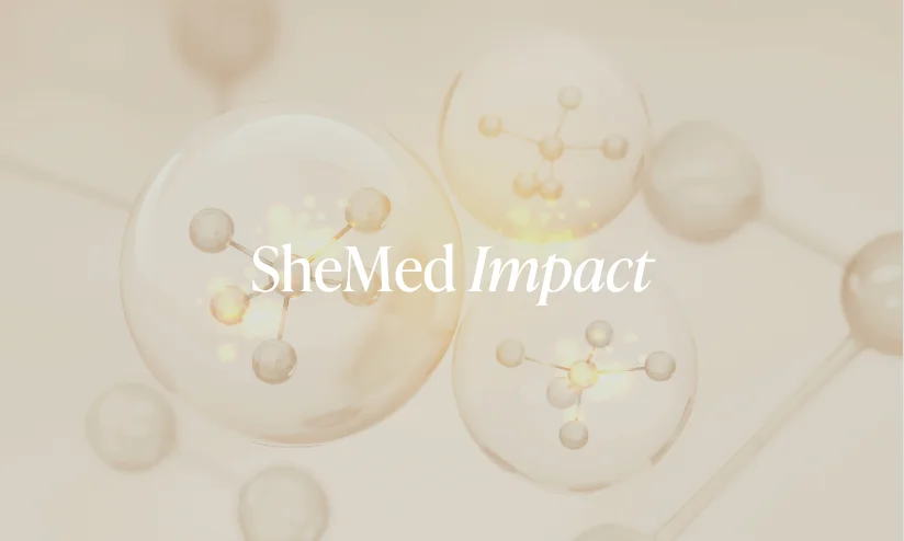 SheMed Impact branded hero image with floating molecular structures in soft beige tones.