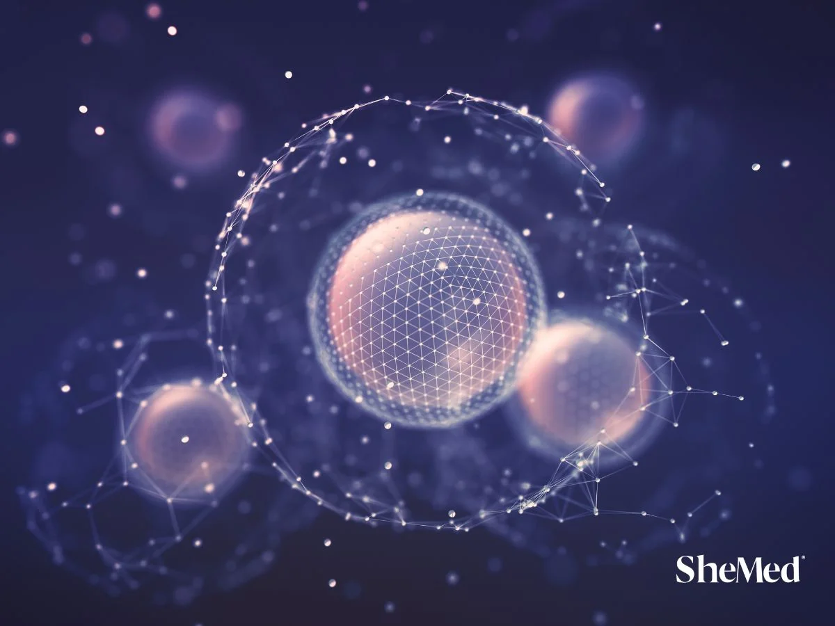 Abstract digital illustration of a glowing cell with interconnected network nodes on a dark blue background.