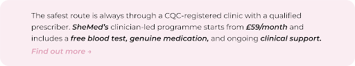 Text block stating the safest route for weight loss medication is through a CQC-registered clinic with a qualified prescriber, with SheMed's programme starting from £59 per month
