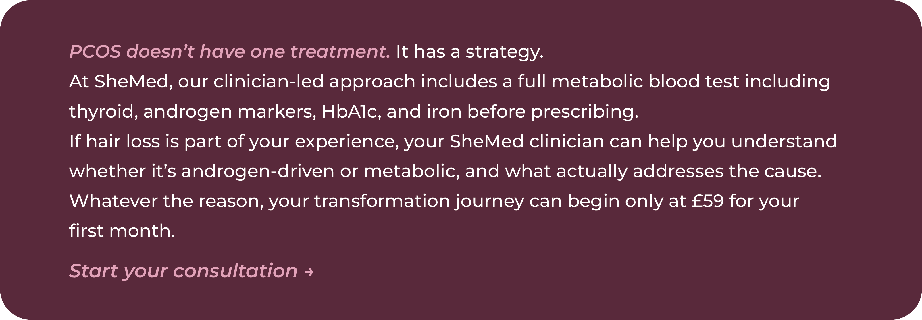 SheMed promotional box describing a clinician-led PCOS programme with full metabolic blood testing including thyroid, androgen markers, HbA1c and iron, from £59 for the first month