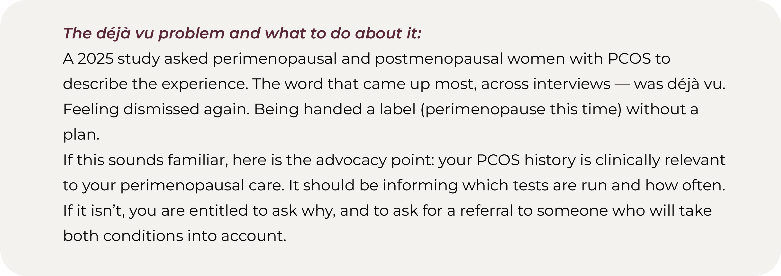 Quote highlighting a 2025 study on women with PCOS feeling dismissed again during perimenopause
