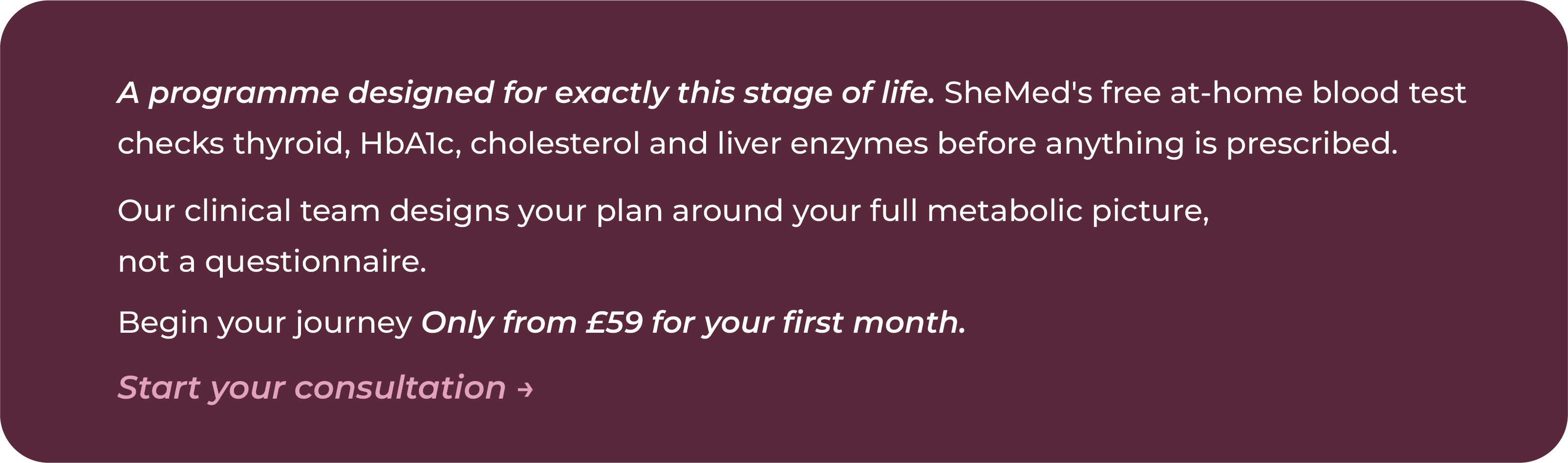 SheMed programme card describing the free at-home blood test checking thyroid, HbA1c, cholesterol and liver enzymes, with pricing from £59 for the first month