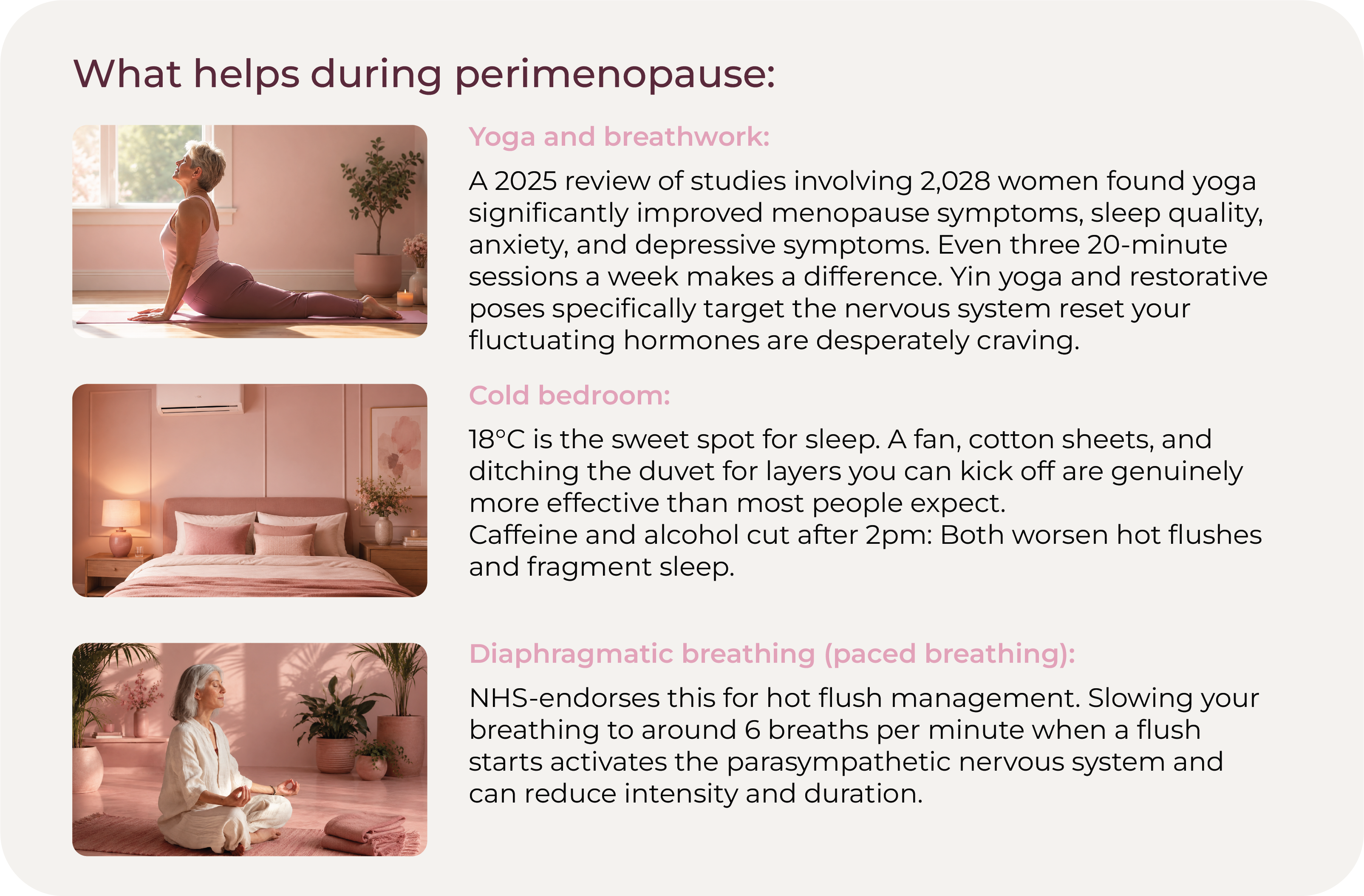 Three perimenopause relief strategies shown with images: yoga and breathwork, a cool sleep-optimised bedroom, and diaphragmatic breathing for hot flush management