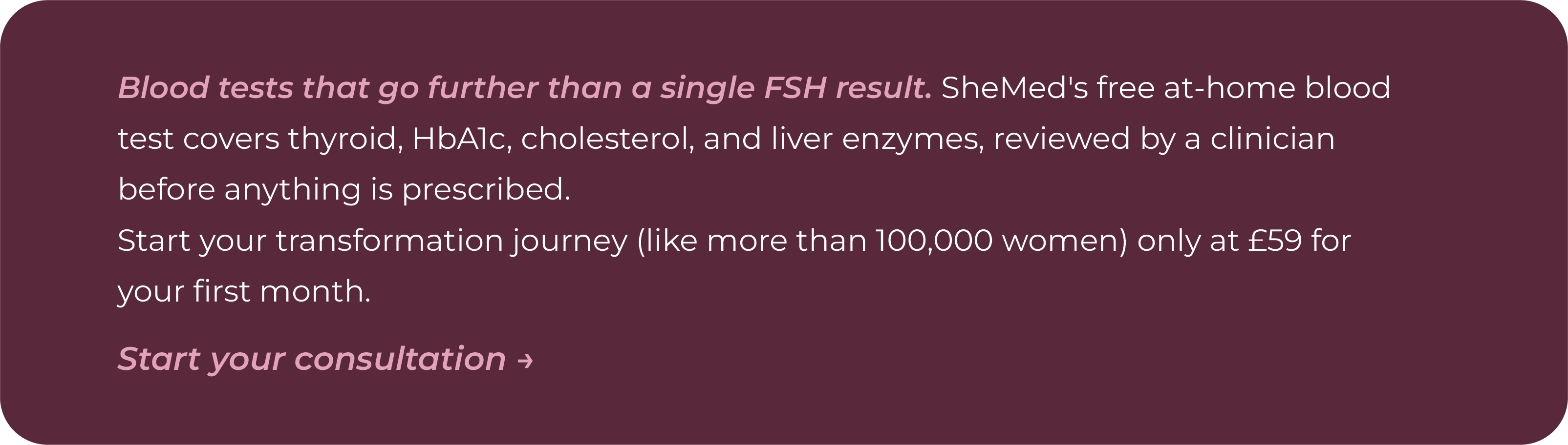 SheMed CTA card describing the free at-home blood test covering thyroid, HbA1c, cholesterol and liver enzymes, clinician-reviewed, plans from £59 for the first month