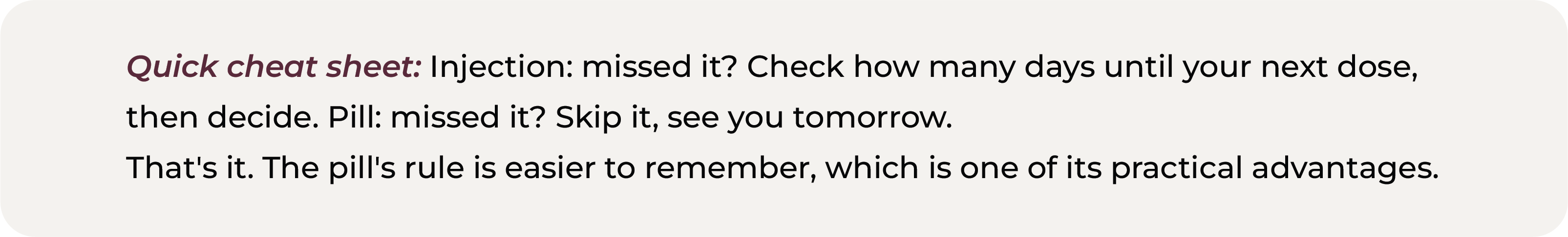 Text reassuring users that missing a couple of Wegovy pill doses while ill and recovering is sensible rather than a failure