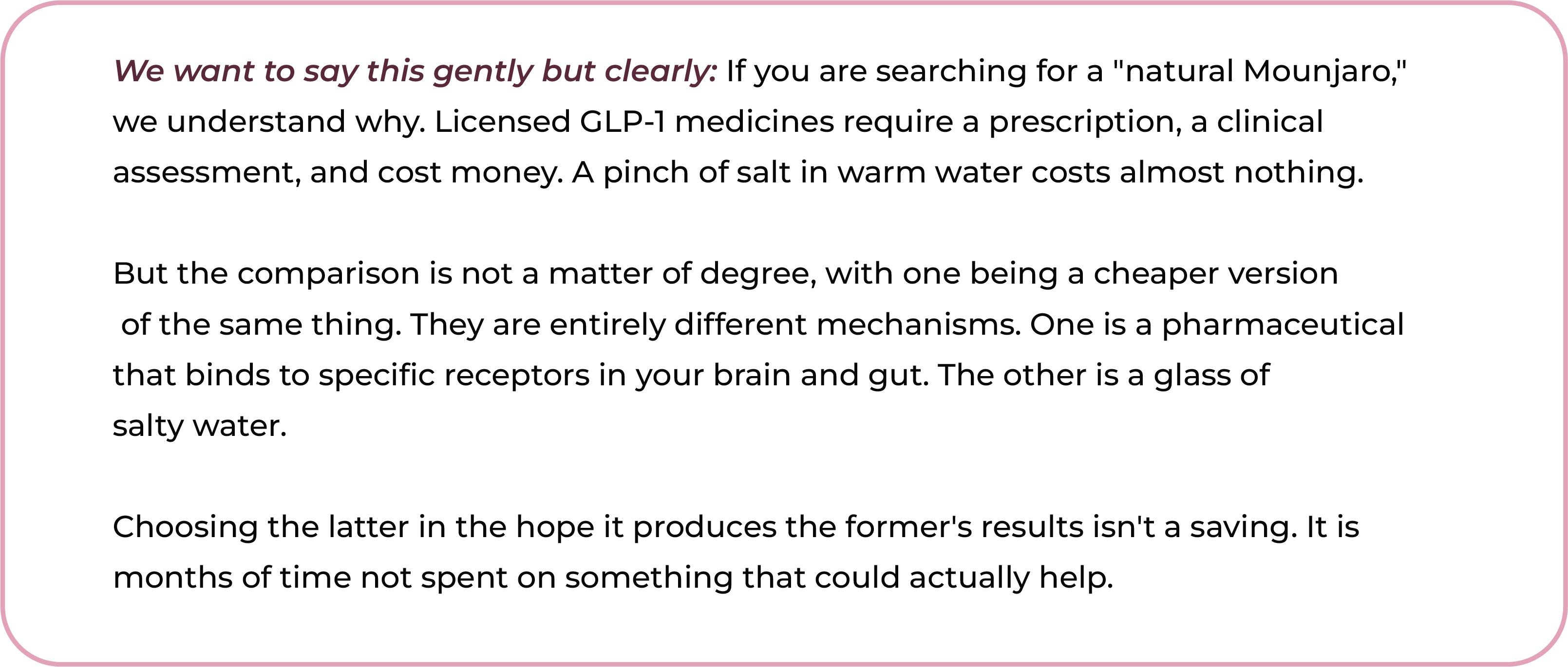 Text explaining that the pink salt trick is not a natural alternative to Mounjaro, since salt water and GLP-1 medications work through entirely different mechanisms