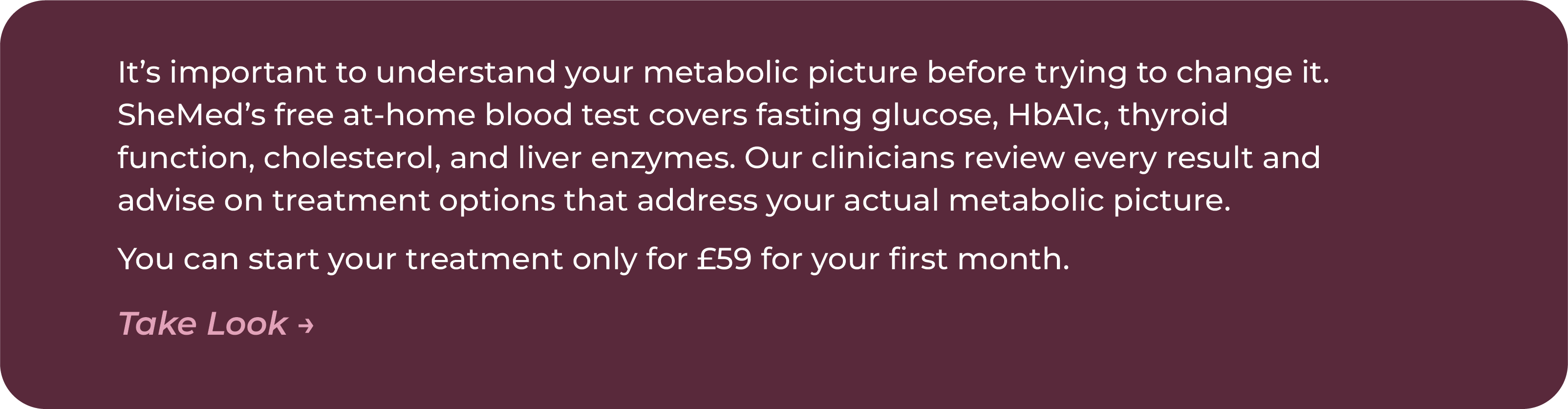 Call to action graphic for SheMed's free at-home blood test covering fasting glucose, HbA1c, thyroid function, cholesterol and liver enzymes, with treatment starting at 59 pounds for the first month.