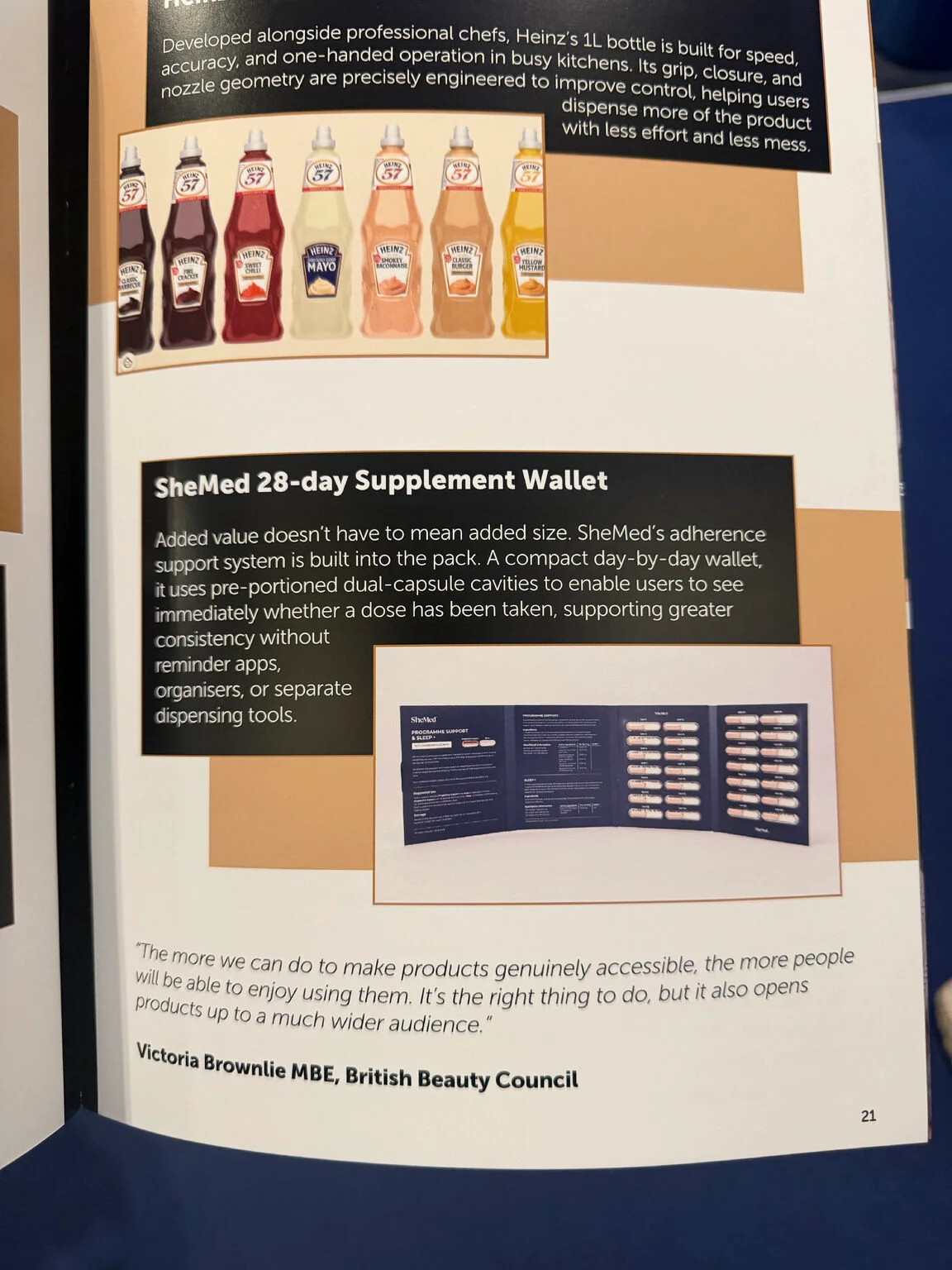 Awards programme page featuring the SheMed 28-Day Supplement Wallet, describing its pre-portioned dual-capsule design and a supporting quote from Victoria Brownlie MBE of the British Beauty Council.
