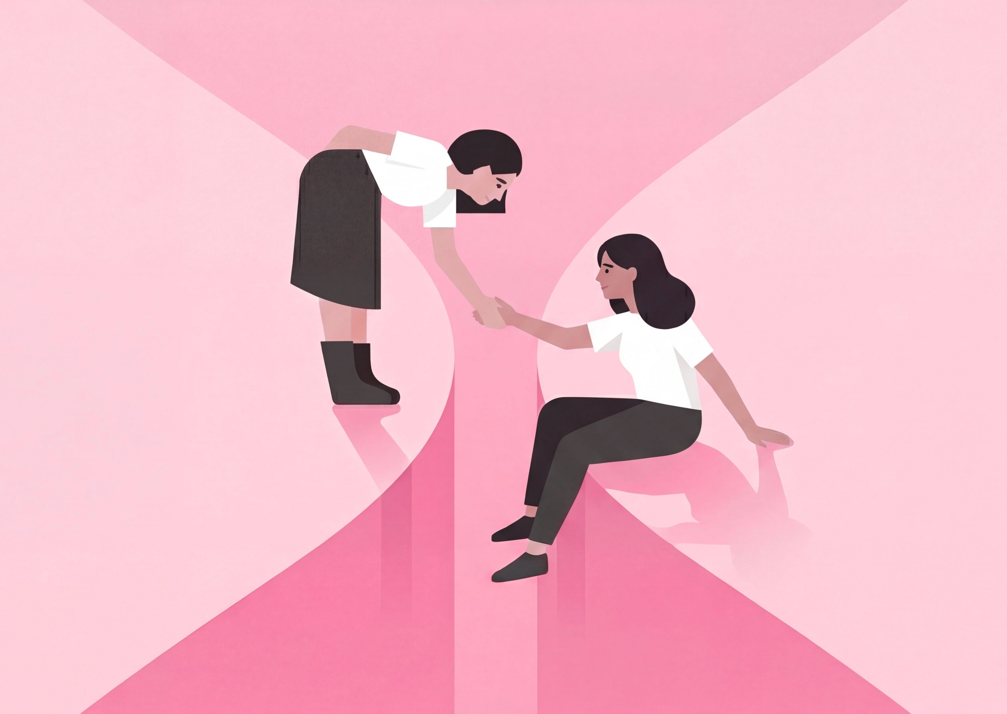 Illustration of one woman reaching down to help another woman up a step, against a pink background.
