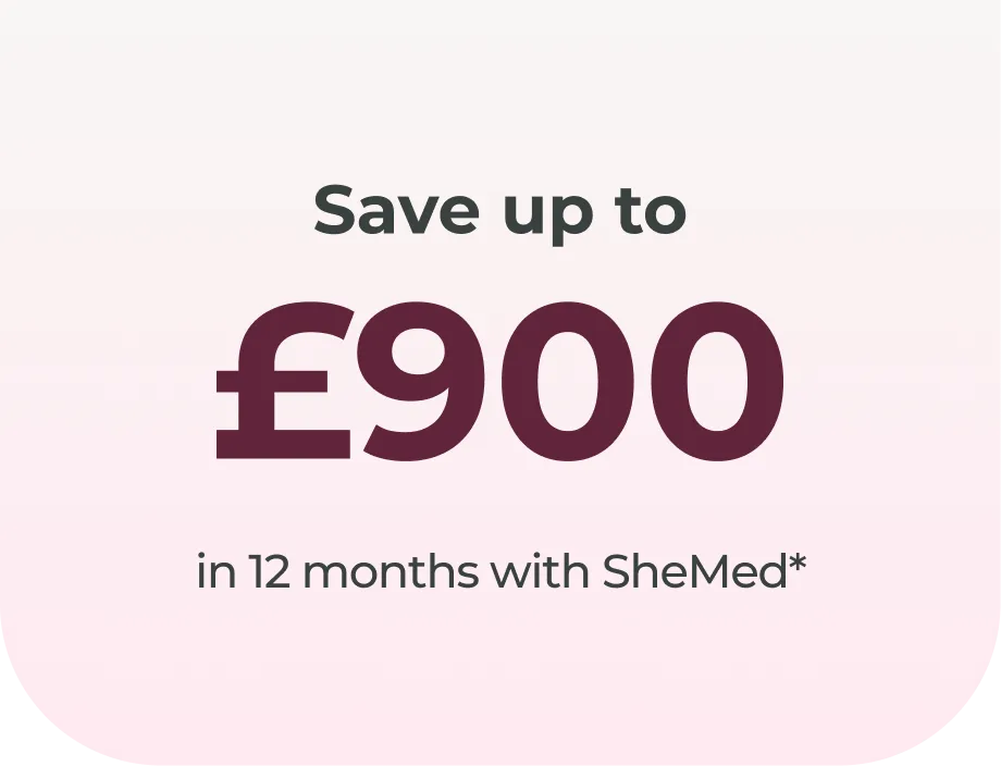 Save up to £1000 in 12 months with SheMed promotional text on a soft pink background.