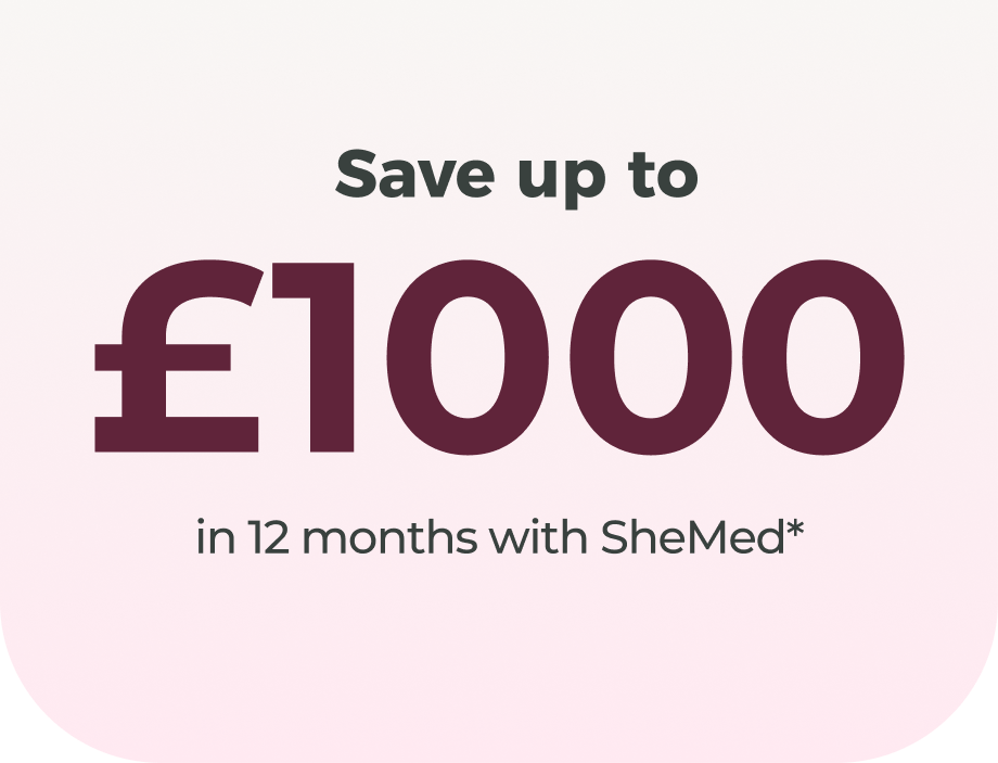 Save up to £1000 in 12 months with SheMed promotional text on a soft pink background.