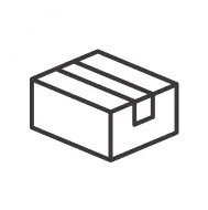 Black and white icon of a closed cardboard box with tape across the top.