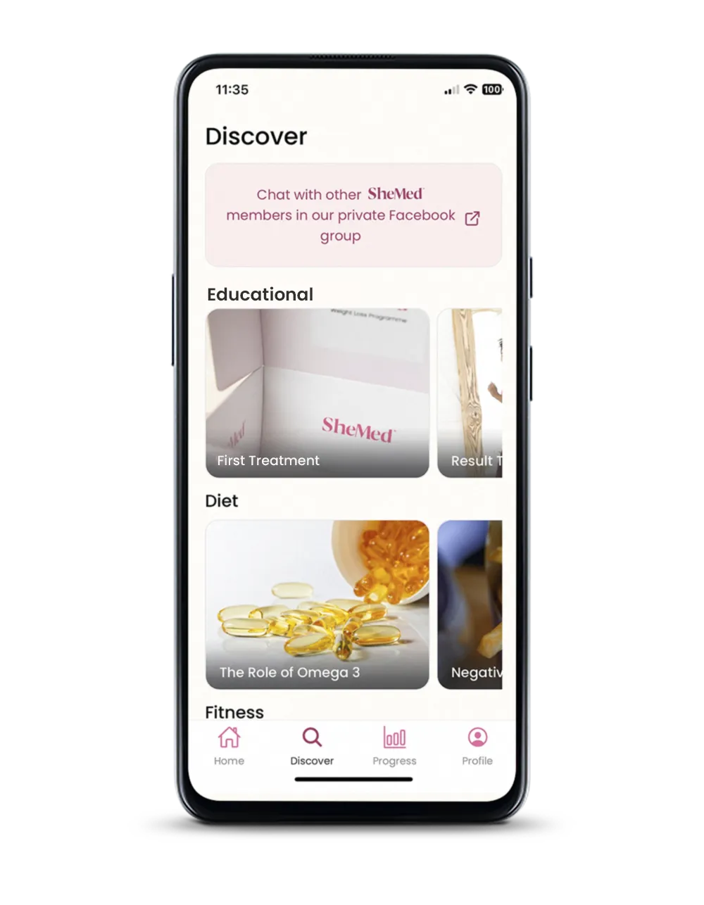 Smartphone screen showing a health app's Discover page with sections for Educational and Diet articles, including topics on First Treatment and The Role of Omega 3, plus navigation icons for Home, Discover, Progress, and Profile.