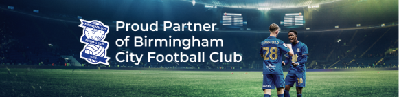 Two Birmingham City football players in blue kits on a lit stadium field with text Proud Partner of Birmingham City Football Club and club logo.