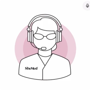 Line drawing of a female customer support agent wearing a headset and glasses with 'SheMed' on her blouse.