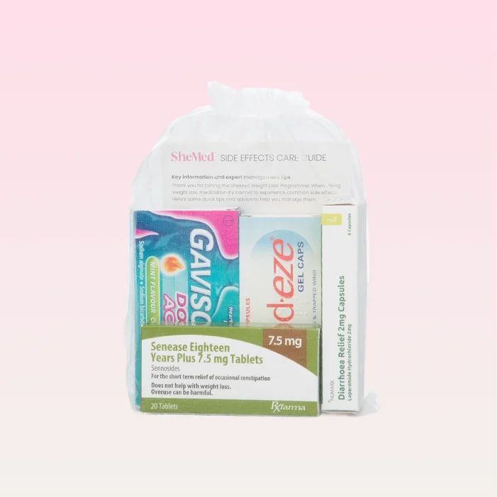 SheMed Side Effects Care Guide pack containing Senease 7.5 mg tablets, Gaviscon Double Action, Deze gel capsules, and Diarrhoea Relief 2 mg capsules.
