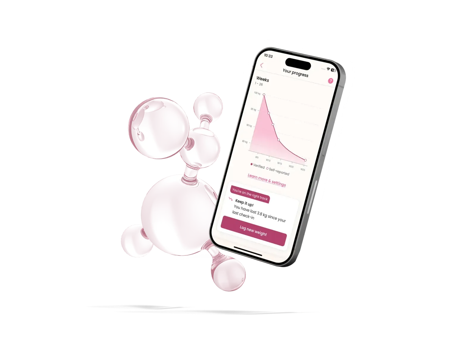 Smartphone displaying a weight loss progress graph and message encouraging continued weight loss with a molecular structure illustration.