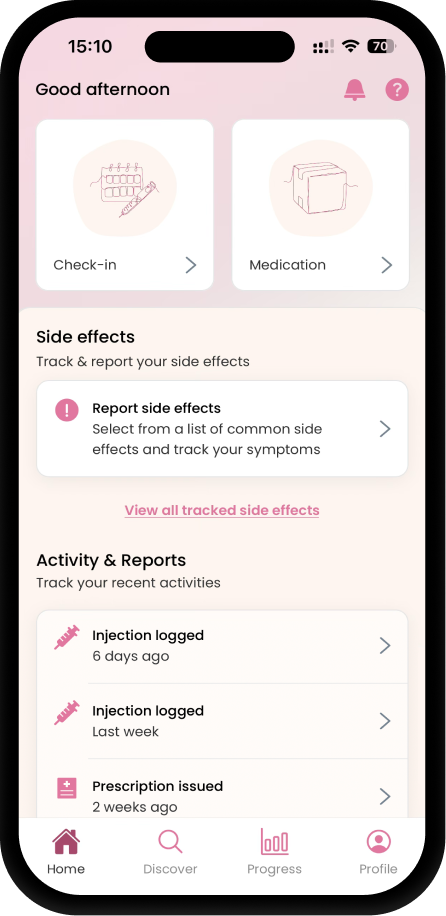 Mobile app screen showing options for Check-in and Medication, a section to report side effects, and recent activity logs including injections and prescriptions.