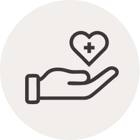 Outlined hand holding a heart with a medical cross inside it, symbolizing health and wellness.