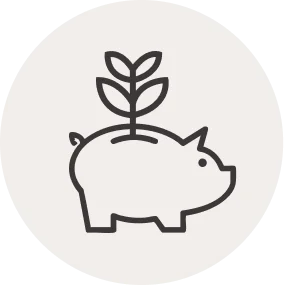 Line drawing of a piggy bank with a plant growing from its back symbolizing savings growth.