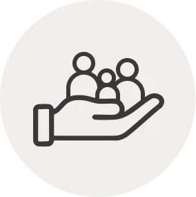 Icon of an open hand holding three stylized people representing family support or benefits.